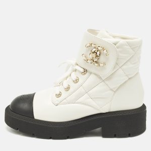 Chanel CC Size 41 White/Black Quilted Leather Combat Boots, Boots - Luxury Closet