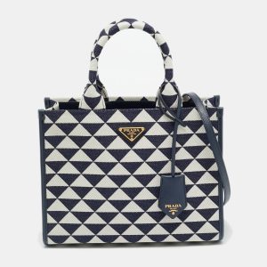 Prada Symbole Small Navy Blue/Chalk White Triangle Jacquard Canvas Tote, Tote Handbags - Luxury Closet