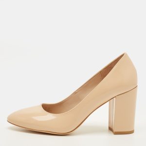 Stuart Weitzman Ariana Size 37 Beige Patent Leather Block Heel Pumps, Pumps - Luxury Closet