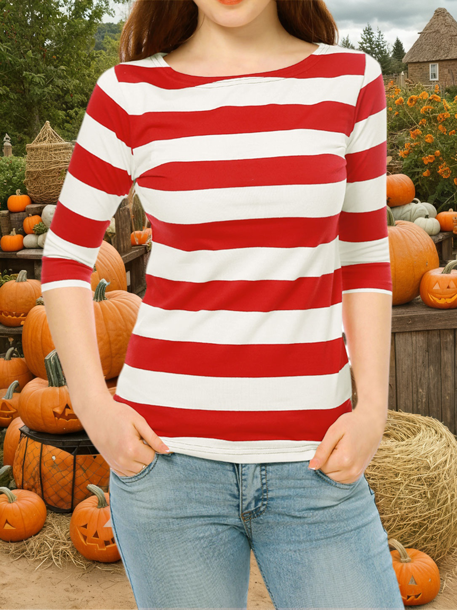 Striped 3/4 Sleeve Casual Basic Boat Neck T-shirt Red/S - Allegra K catalog