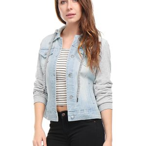 Casual Layered Drawstring Pockets Hood Denim Jacket Light Khaki/XS - Allegra K catalog