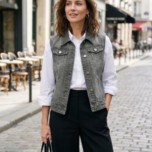 Flap Pocket Washed Buttoned Denim Jacket Vest Dark Gray/L - Allegra K catalog
