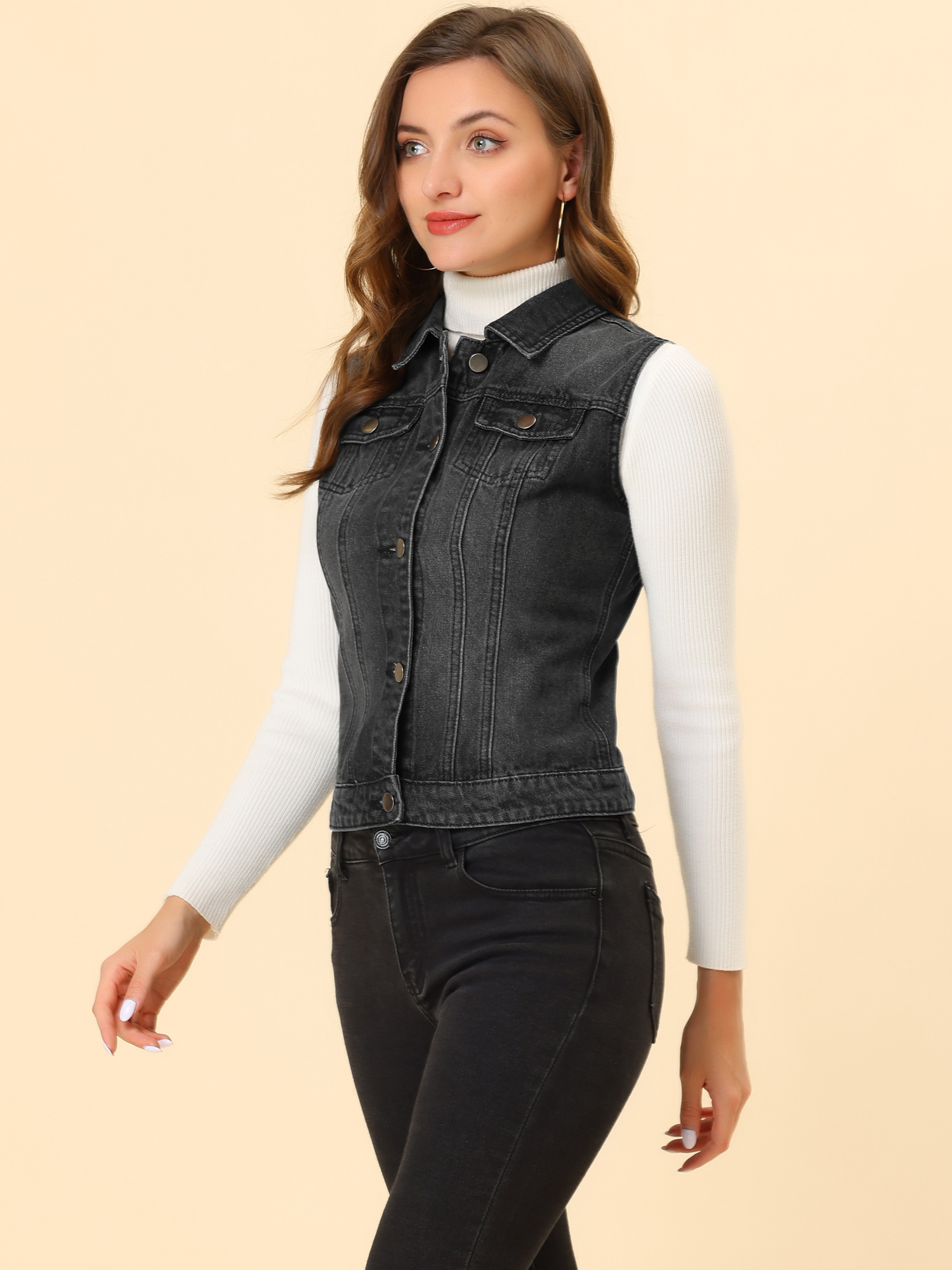 Buttoned Chest Flap Pocket Washed Denim Jacket Vest Black/M - Allegra K catalog