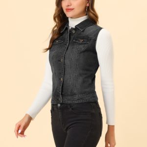 Buttoned Chest Flap Pocket Washed Denim Jacket Vest Black/XL - Allegra K catalog