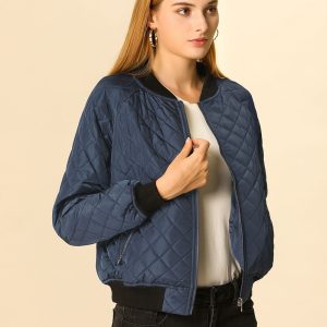 Casual Zip Up Raglan Long Sleeve Quilted Bomber Jacket Blue/XS - Allegra K catalog
