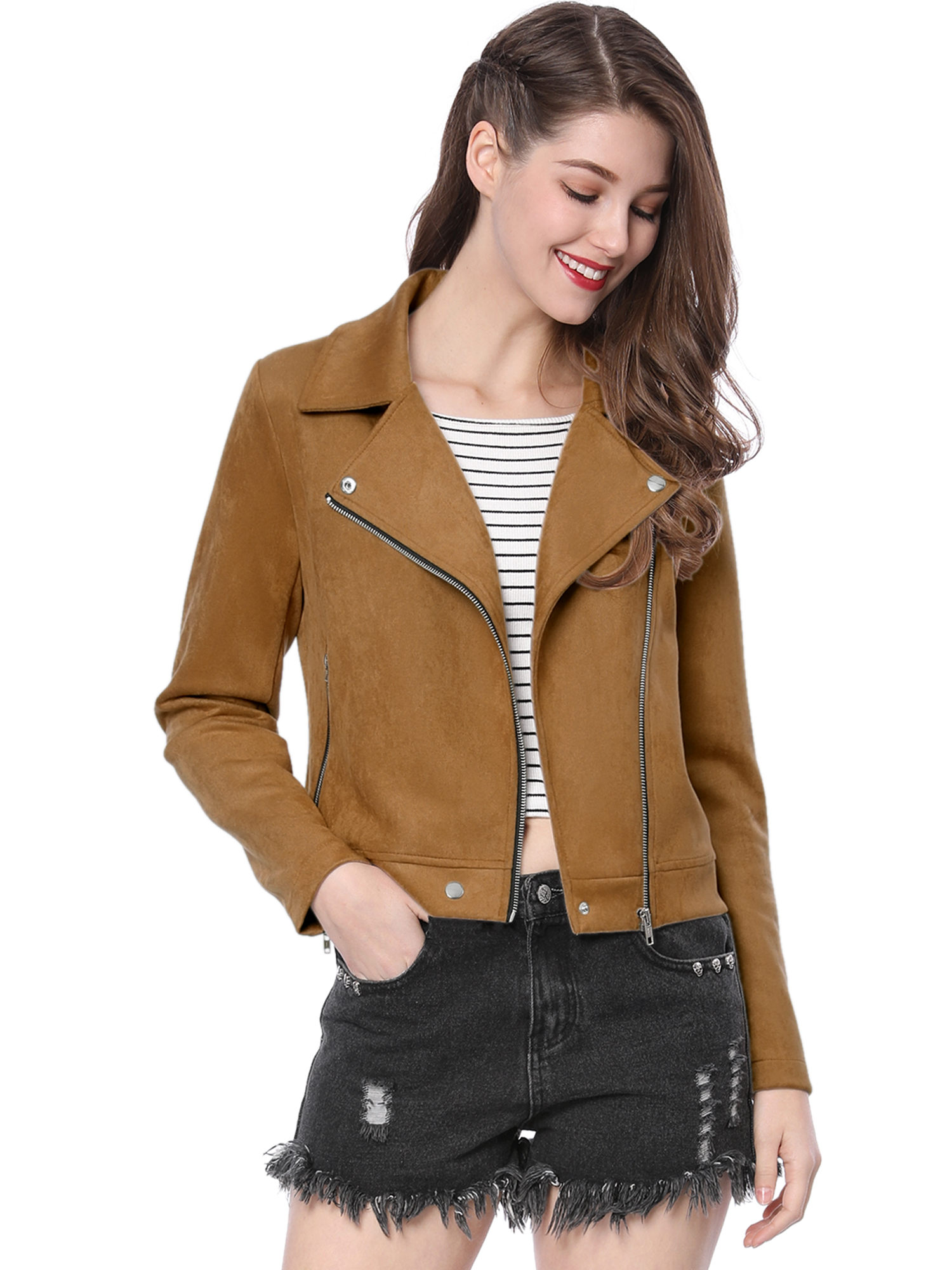 Casual Short Soft Zip Up Faux Suede Biker Moto Jacket Khaki/XS - Allegra K catalog