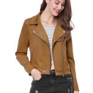 Casual Short Soft Zip Up Faux Suede Biker Moto Jacket Khaki/XL - Allegra K catalog
