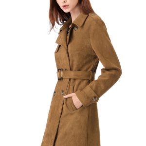 Notched Lapel Double Breasted Faux Suede Trench Coat Jacket with Belt Brown/S - Allegra K catalog
