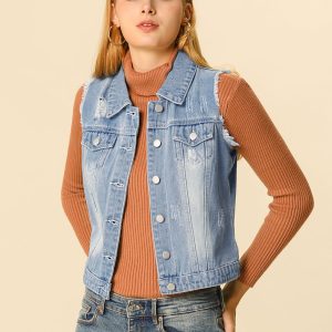Lapel Button Closure Sleeveless Washed Distressed Denim Vest Light Blue/L - Allegra K catalog