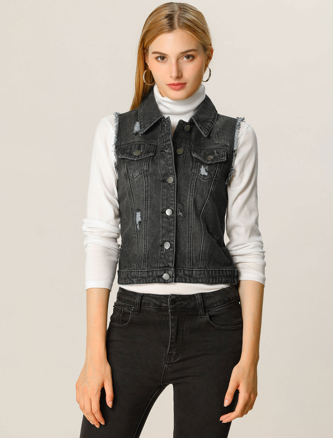 Lapel Button Closure Sleeveless Washed Distressed Denim Vest Black/XS - Allegra K catalog