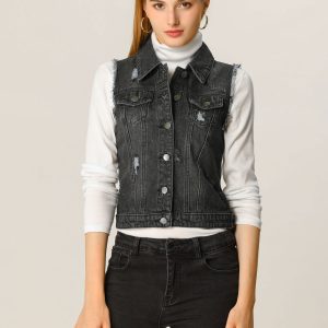 Lapel Button Closure Sleeveless Washed Distressed Denim Vest Black/M - Allegra K catalog