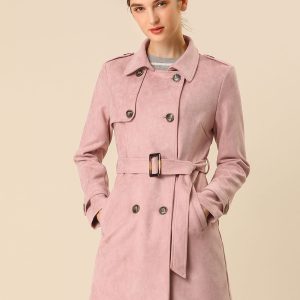 Notched Lapel Double Breasted Faux Suede Trench Coat Jacket with Belt Pink/L - Allegra K catalog
