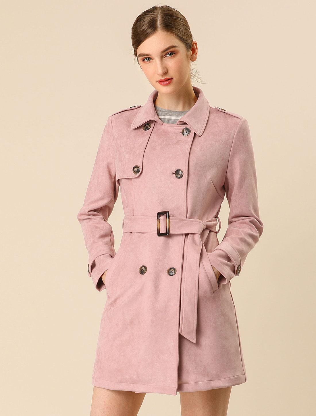 Notched Lapel Double Breasted Faux Suede Trench Coat Jacket with Belt Pink/XL - Allegra K catalog