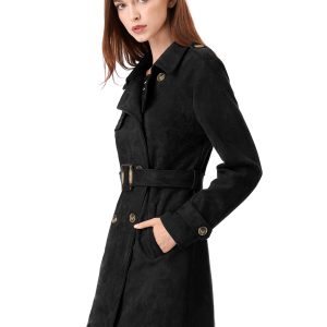 Notched Lapel Double Breasted Faux Suede Trench Coat Jacket with Belt Black/M - Allegra K catalog