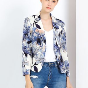 Open Front Floral Work Business Crop Blazer Jacket White Blue-Floral/M - Allegra K catalog