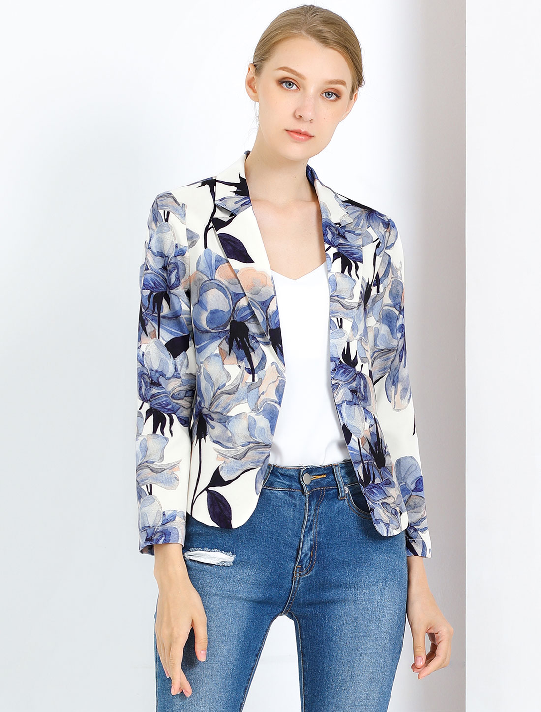 Open Front Floral Work Business Crop Blazer Jacket White Blue-Floral/XL - Allegra K catalog