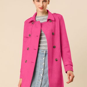 Notched Lapel Double Breasted Faux Suede Trench Coat Jacket with Belt Hot Pink/L - Allegra K catalog