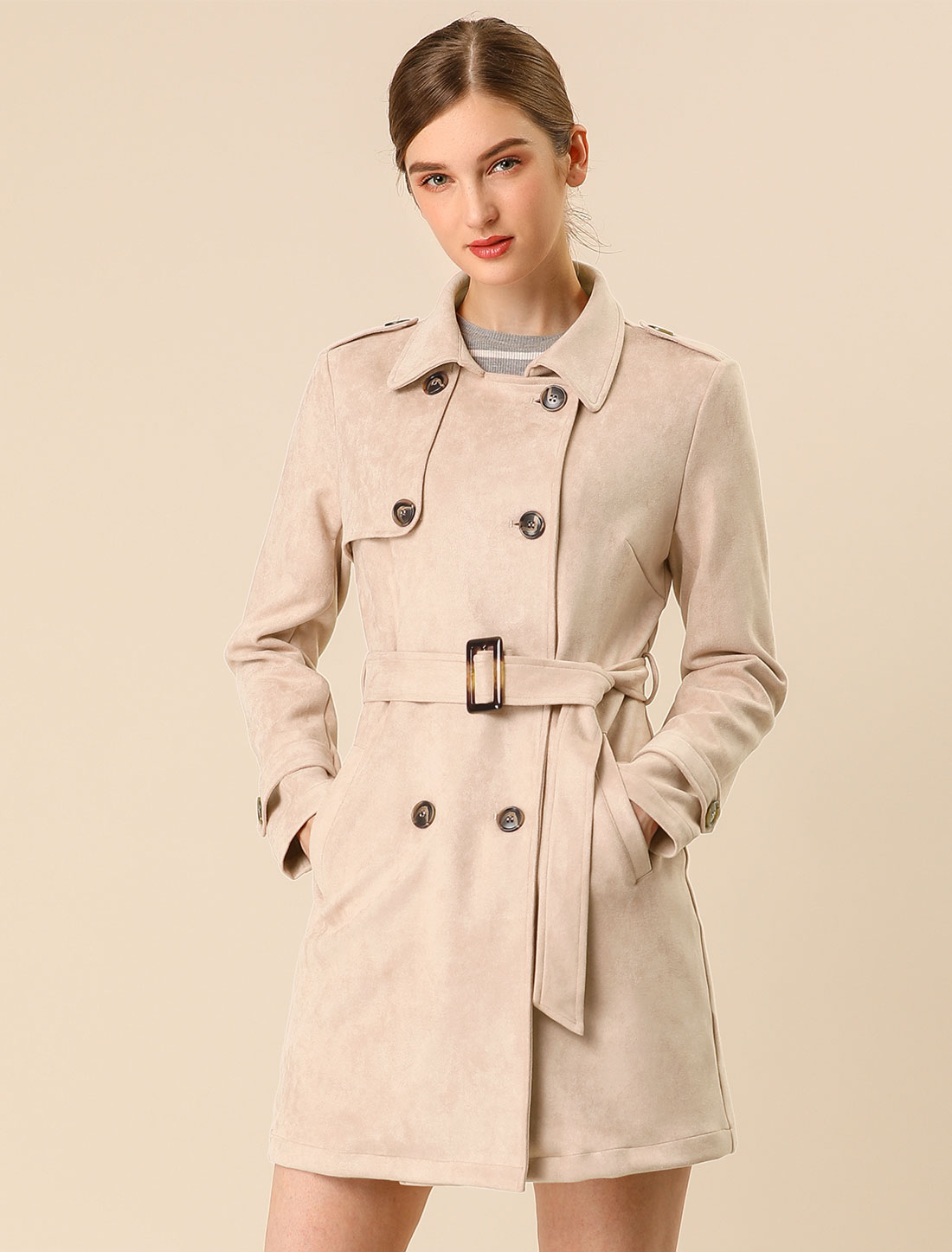 Notched Lapel Double Breasted Faux Suede Trench Coat Jacket with Belt Apricot/S - Allegra K catalog