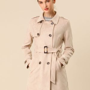Notched Lapel Double Breasted Faux Suede Trench Coat Jacket with Belt Apricot/L - Allegra K catalog