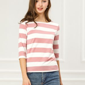 Striped 3/4 Sleeve Casual Basic Boat Neck T-shirt Pink White/XS - Allegra K catalog