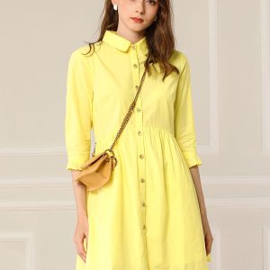 Ruched 3/4 Sleeve Button Up Casual Mini Shirt Dress Lemon Yellow/M - Allegra K catalog