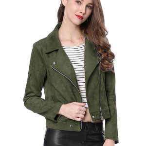 Casual Short Soft Zip Up Faux Suede Biker Moto Jacket Olive Green/S - Allegra K catalog