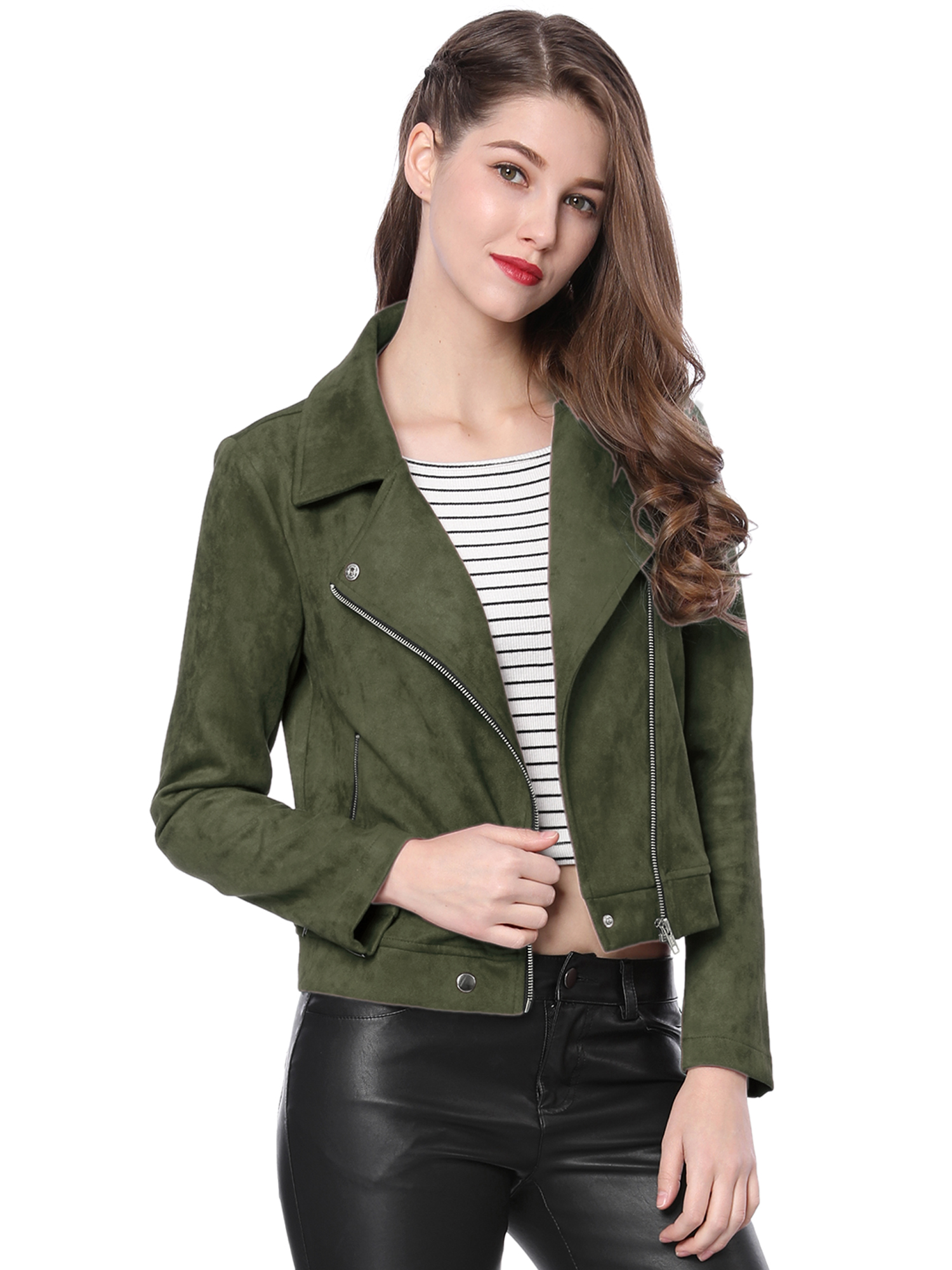 Casual Short Soft Zip Up Faux Suede Biker Moto Jacket Olive Green/M - Allegra K catalog