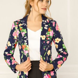 Open Front Notch Lapel Floral Business Casual Suit Blazer Navy Blue-Floral/XL - Allegra K catalog