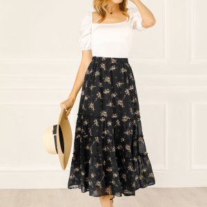 Ruffle Boho Chiffon Floral Printed Long Tiered Midi Skirt Black/XL - Allegra K catalog