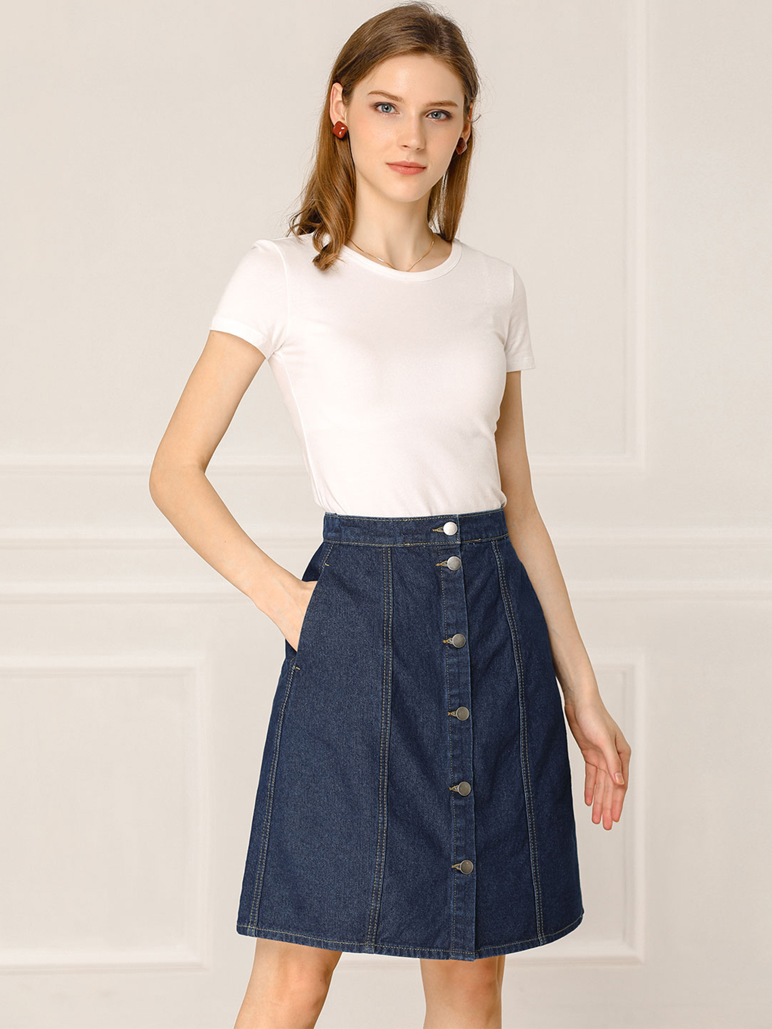 Casual Short Button Down Jeans Skirt Navy Blue/XS - Allegra K catalog