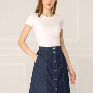 Casual Short Button Down Jeans Skirt Navy Blue/XL - Allegra K catalog