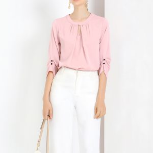 Office Keyhole Pleated Front Ruched 3/4 Sleeve Chiffon Blouse Pink/XL - Allegra K catalog