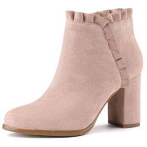 Pointed Toe Ruffle Block Heel Side Zipper Ankle Boots Dust Pink/9 - Allegra K catalog
