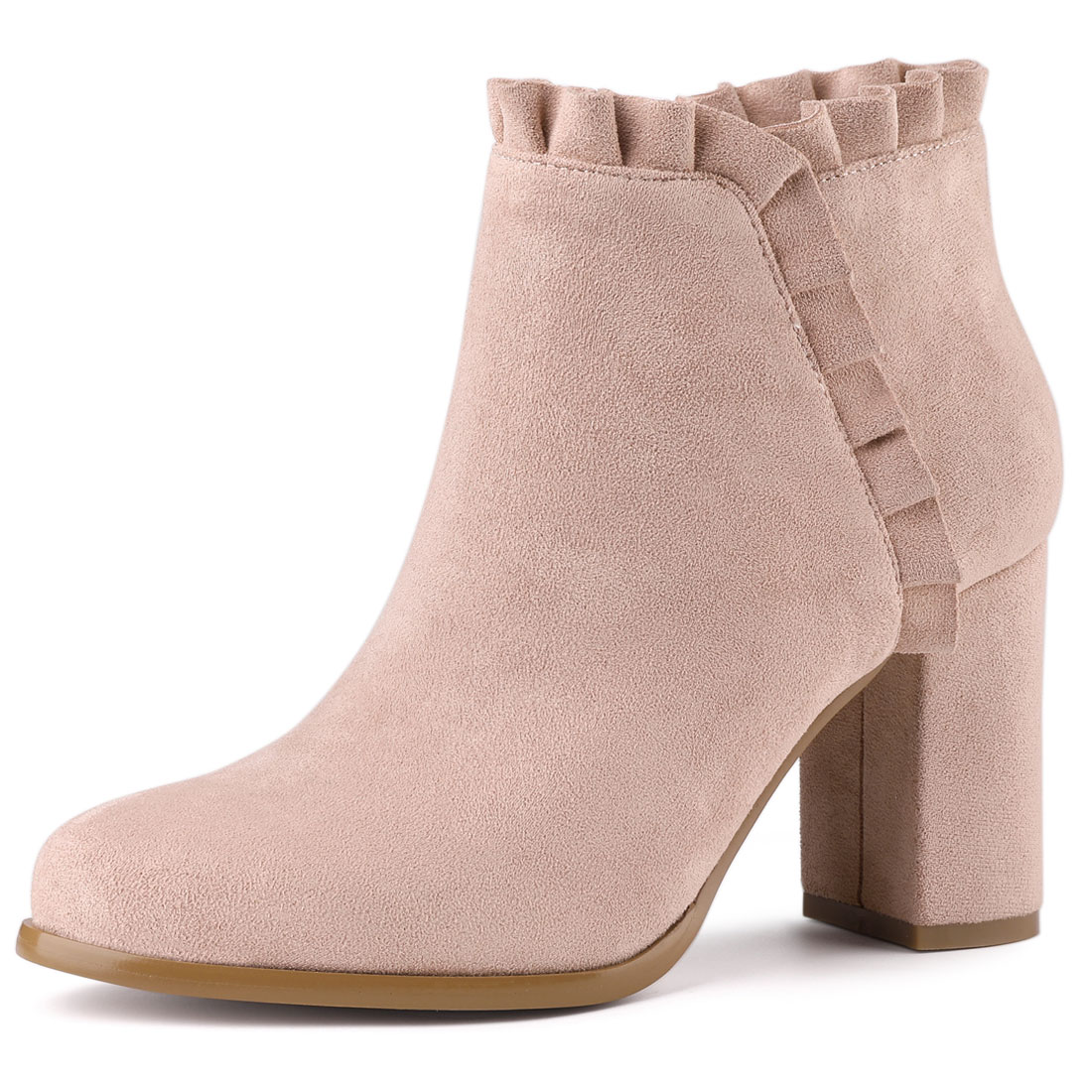 Pointed Toe Ruffle Block Heel Side Zipper Ankle Boots Dust Pink/9 - Allegra K catalog