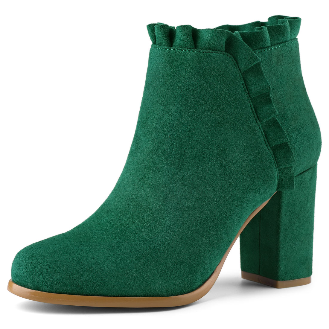 Pointed Toe Ruffle Block Heel Side Zipper Ankle Boots Emerald Green/9 - Allegra K catalog