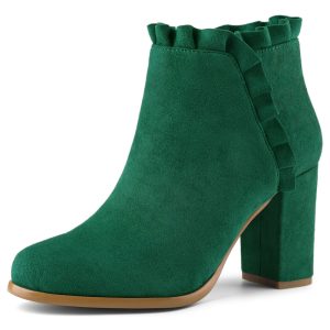 Pointed Toe Ruffle Block Heel Side Zipper Ankle Boots Emerald Green/9.5 - Allegra K catalog