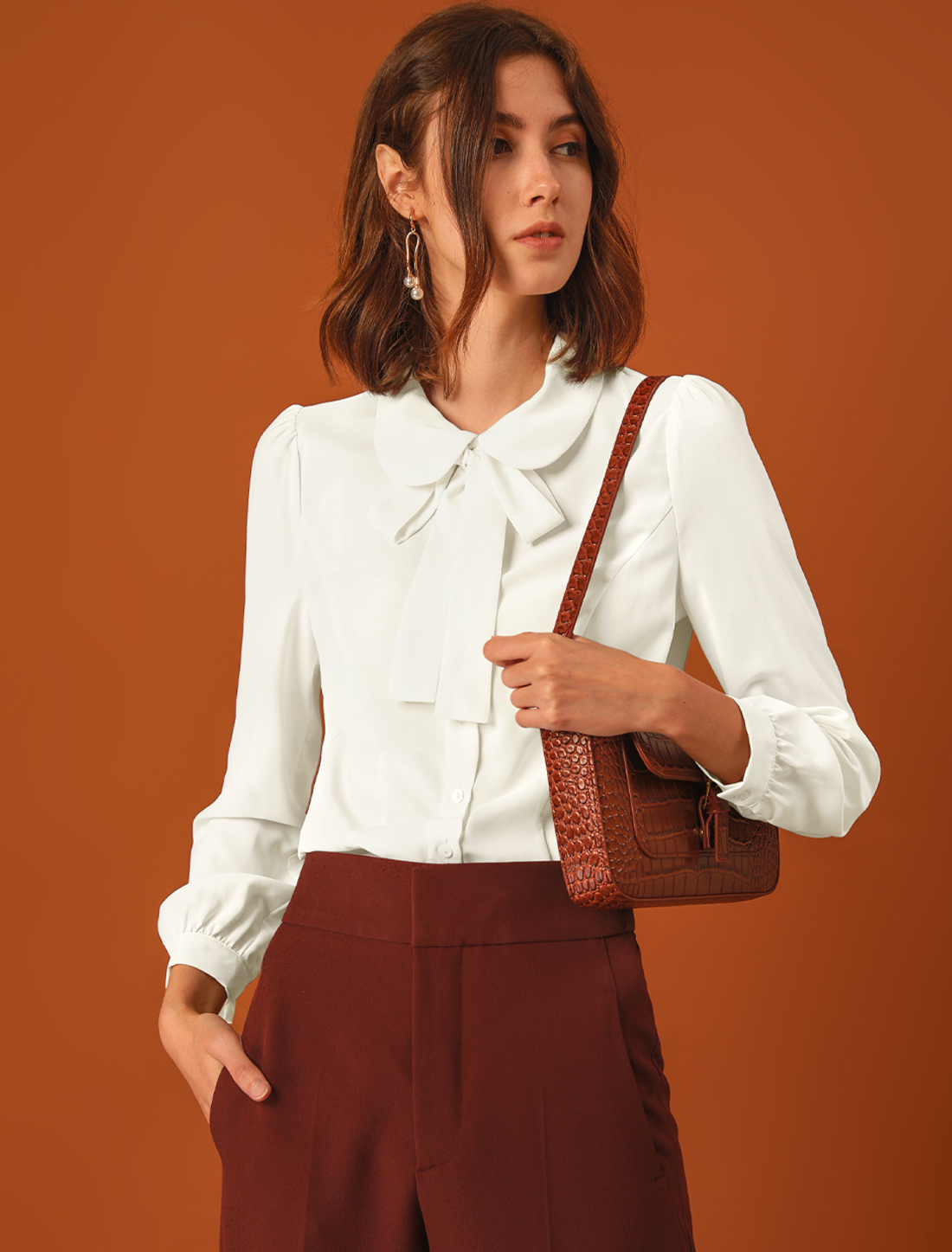 Peter Pan Collar Chiffon Bow Tie Neck Puff Sleeve Button Blouse White/S - Allegra K catalog