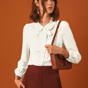 Peter Pan Collar Chiffon Bow Tie Neck Puff Sleeve Button Blouse White/XL - Allegra K catalog