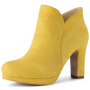 Round Toe Chunky Heel Ankle Heel Boots Yellow/7 - Allegra K catalog