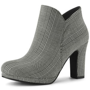 Round Toe Chunky Heel Ankle Heel Boots Black White/5.5 - Allegra K catalog