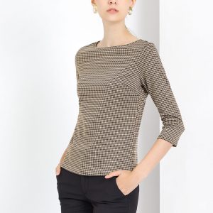 Work Office 3/4 Sleeve Boat Neck Houndstooth Printed Top Blouse Brown/S - Allegra K catalog