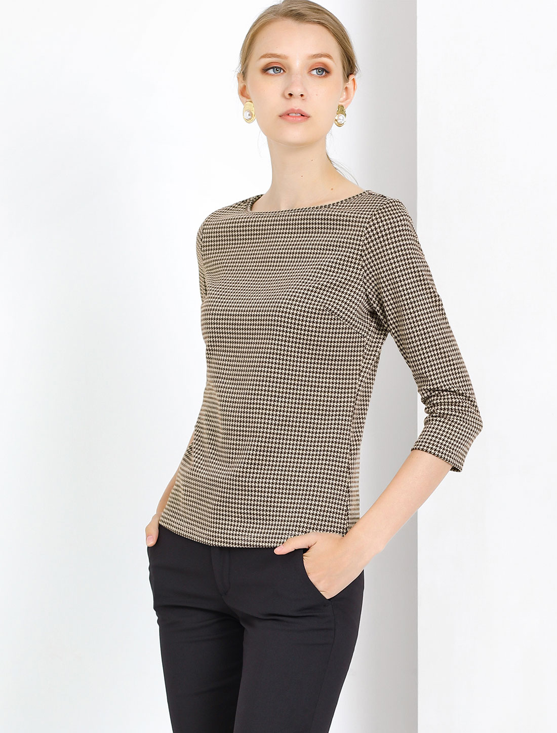 Work Office 3/4 Sleeve Boat Neck Houndstooth Printed Top Blouse Brown/L - Allegra K catalog