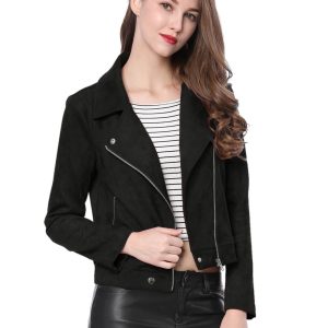 Casual Short Soft Zip Up Faux Suede Biker Moto Jacket Black/M - Allegra K catalog
