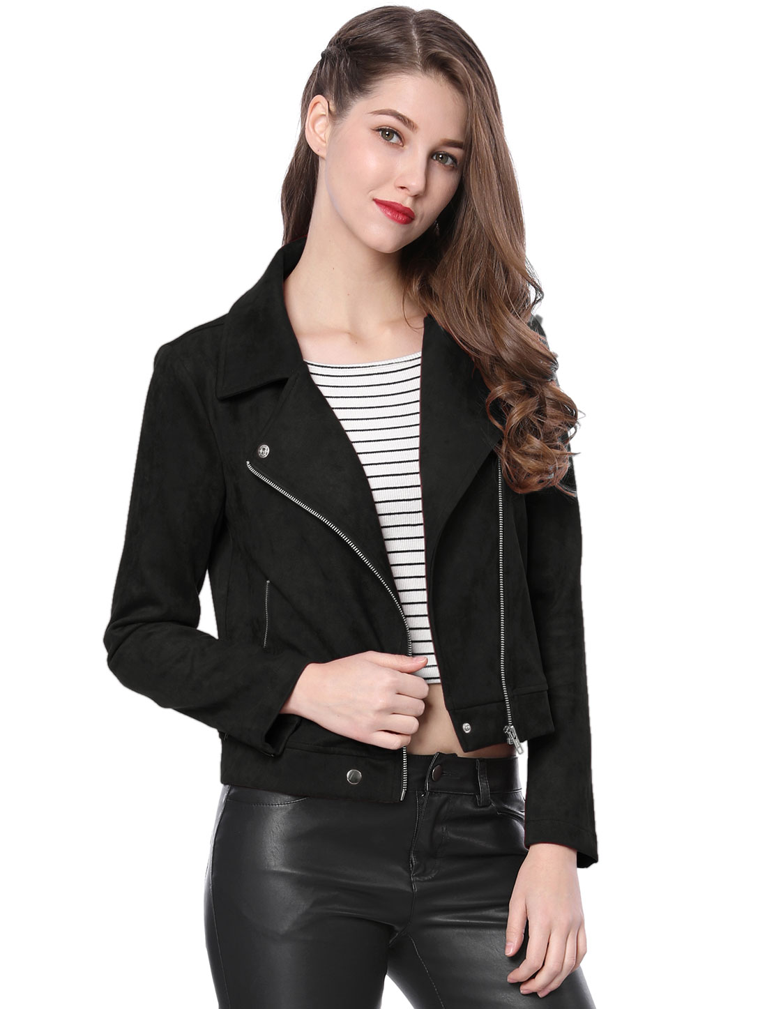 Casual Short Soft Zip Up Faux Suede Biker Moto Jacket Black/M - Allegra K catalog