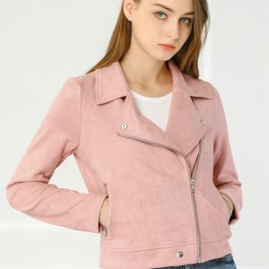 Casual Short Soft Zip Up Faux Suede Biker Moto Jacket Pink/XS - Allegra K catalog