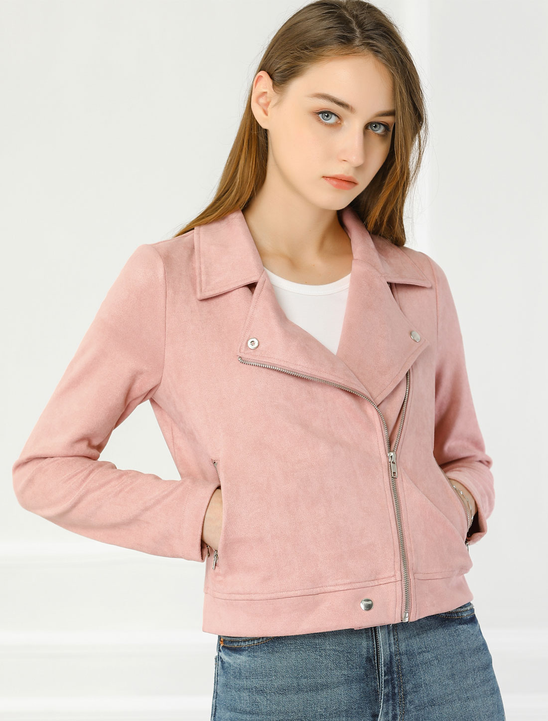 Casual Short Soft Zip Up Faux Suede Biker Moto Jacket Pink/XS - Allegra K catalog