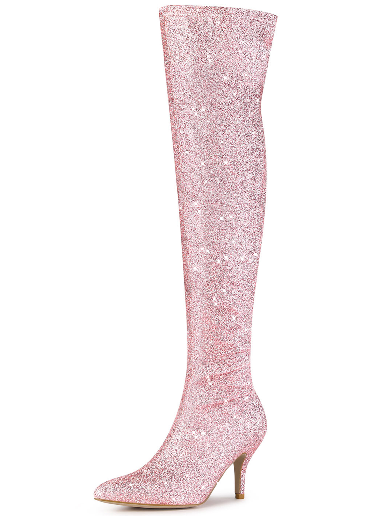 Glitter Pointed Toe Stiletto Heel Over the Knee High Boots Pink/8 - Allegra K catalog