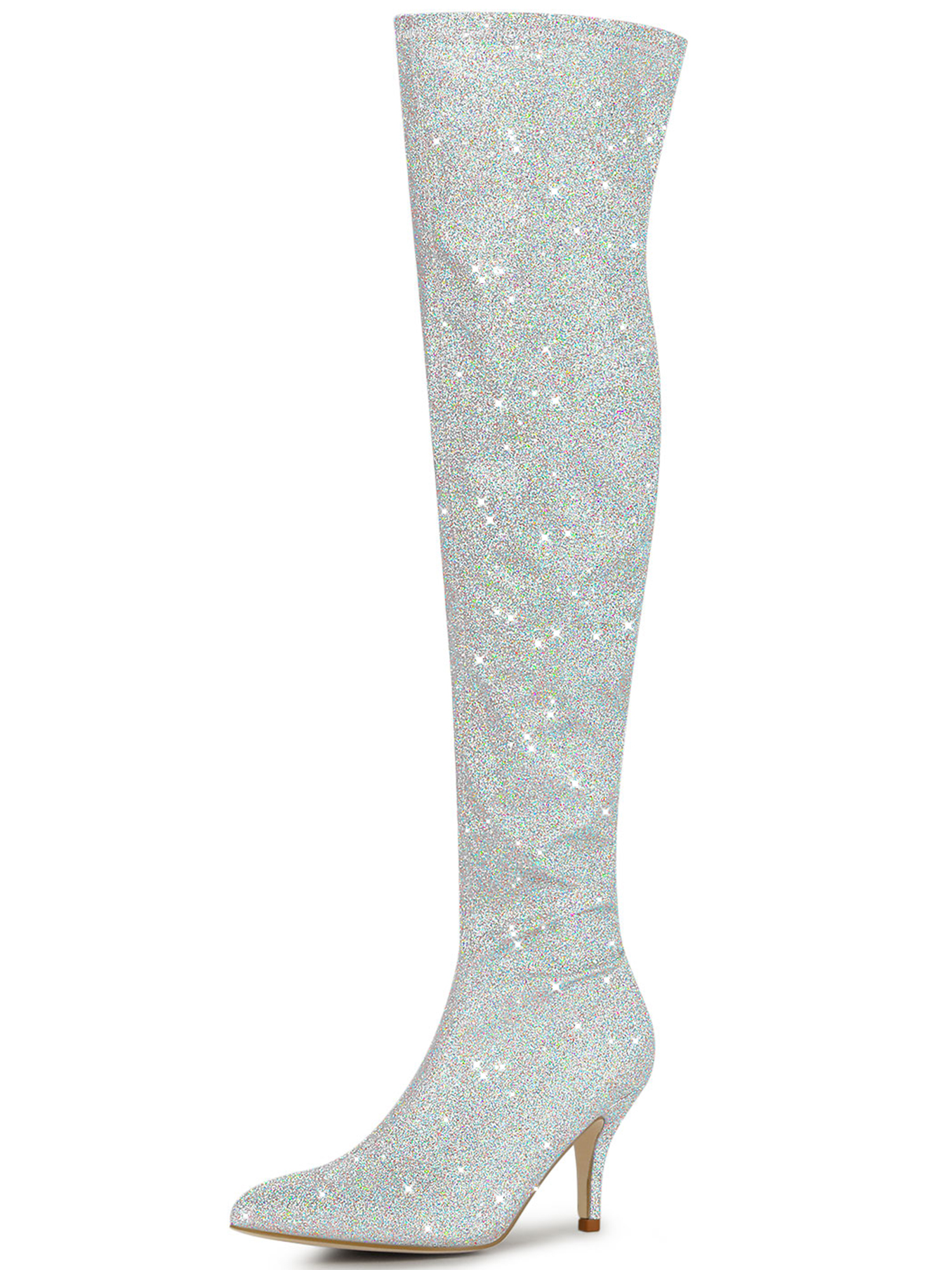 Glitter Pointed Toe Stiletto Heel Over the Knee High Boots Silver/6 - Allegra K catalog