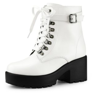Zip Up Chunky Heel Platform Ankle Combat Boots White/6 - Allegra K catalog