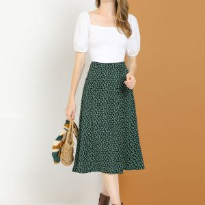 Floral Peasant Elastic Waist A-Line Ditsy Leave Midi Skirt Green/L - Allegra K catalog